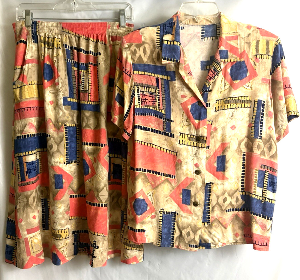 Prophecy Women Abstract Pattern Button-up set 2 Beige Orang Blue See Photo Sz